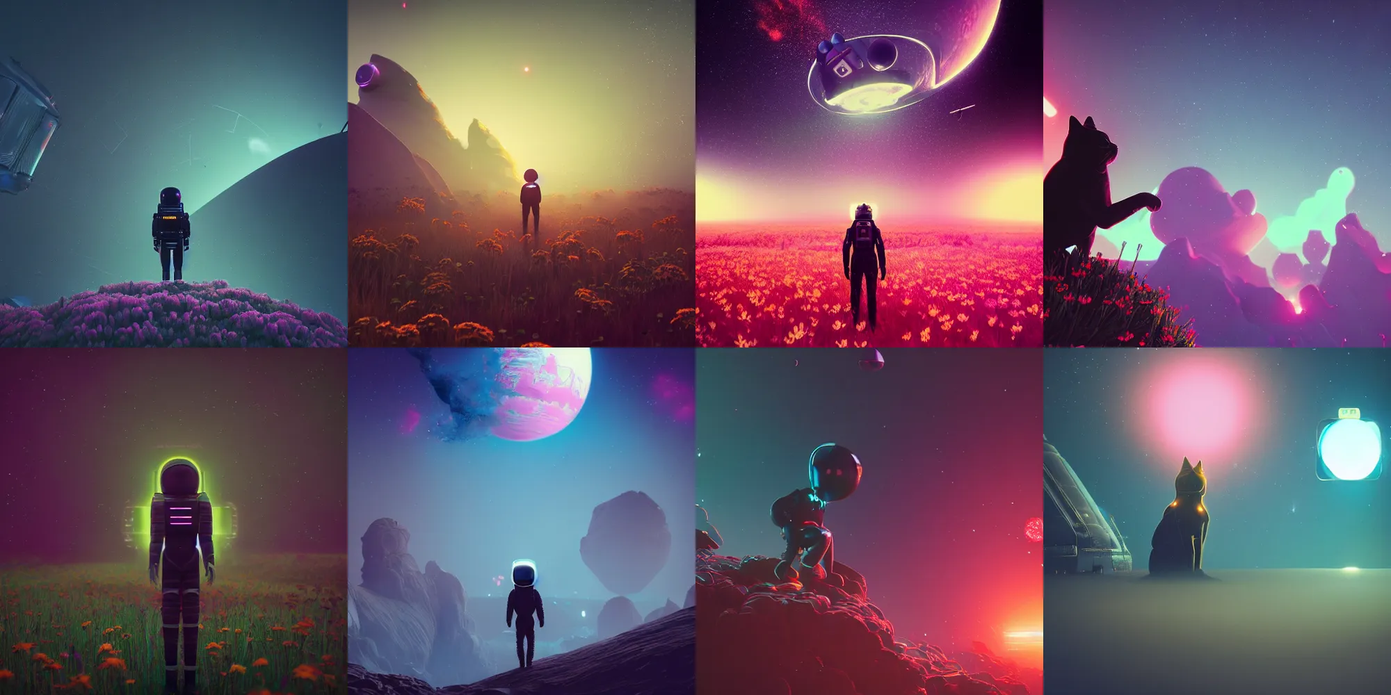 Image similar to beautiful dark landscape, black cat astronaut, beautiful flowers, in the style of beeple and mike winkelmann, intricate, epic lighting, cinematic composition, hyper realistic, 8 k resolution, unreal engine 5, raytracing, ultraviolet colors,