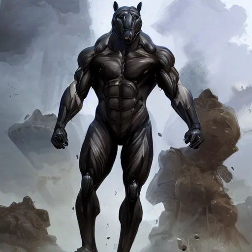 Prompt: an enormously muscular black - coated anthro horse, wearing skintight combat suit, a high - tech facility background, highly detailed, digital painting, game character, artstation, concept art, illustration, art by artgerm, greg rutkowski, wlop