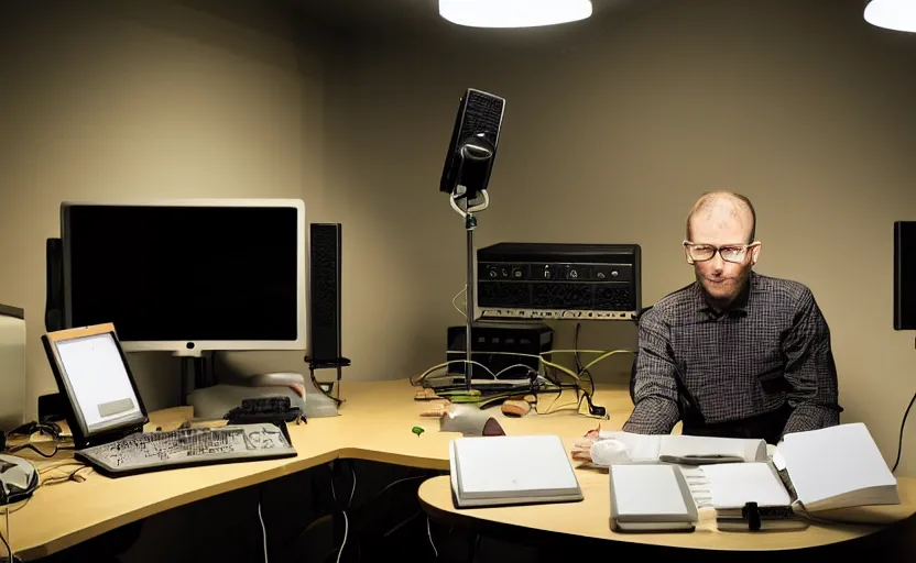 Prompt: man sitting facing away, working in low lit radio booth, one single lamp, colour video, keyboard, door to lab, sweaty, tannoy, strange