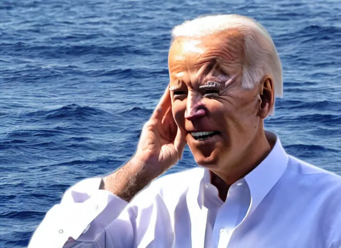 Image similar to confused Joe Biden scratching his neck standing in the middle of the ocean