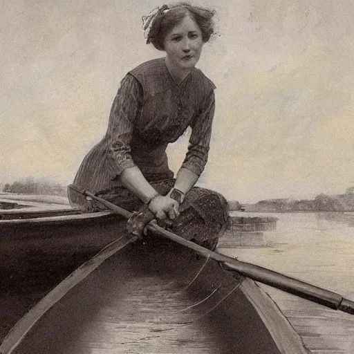 Prompt: An edwardian woman sitting in a boat on a calm lake in the style of Anders Zorn