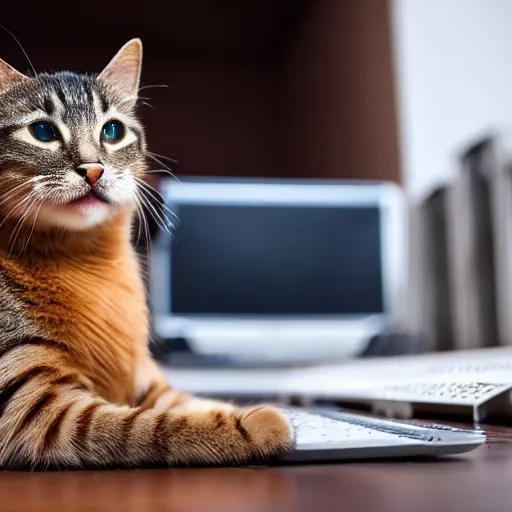 Image similar to cat working at a computer, photo, 8k