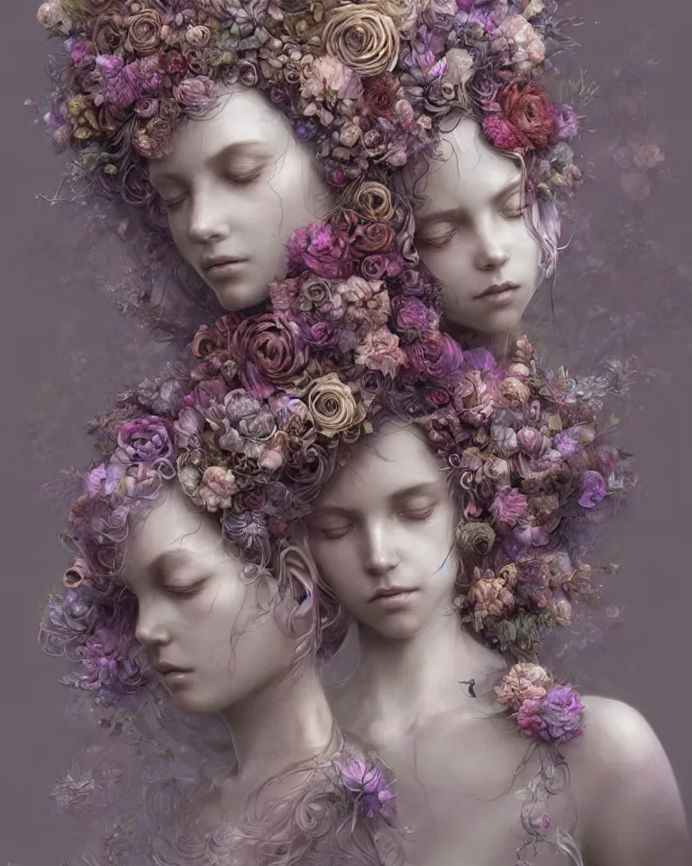 Image similar to a sculpture of interlaced gorgeous etherial females, made of mist, made of flowers, a digital painting by Andrew Ferez, Charlie Bowater, Marco Mazzoni, Seb McKinnon, Ryohei Hase, trending on cgsociety, featured on zbrush central, new sculpture, mystical