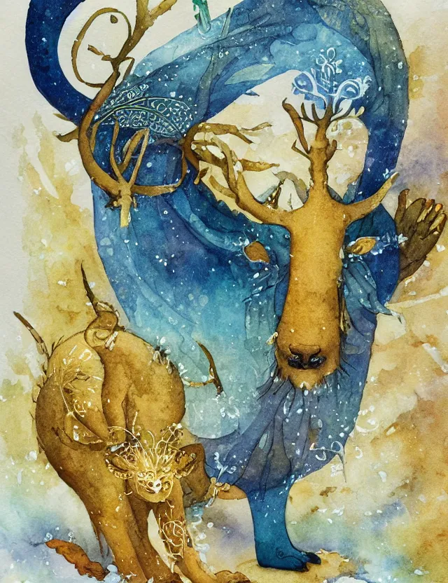 Prompt: deity of first frost, in animal form. this watercolor and goldleaf work by the beloved children's book illustrator has interesting color contrasts, plenty of details and impeccable lighting.