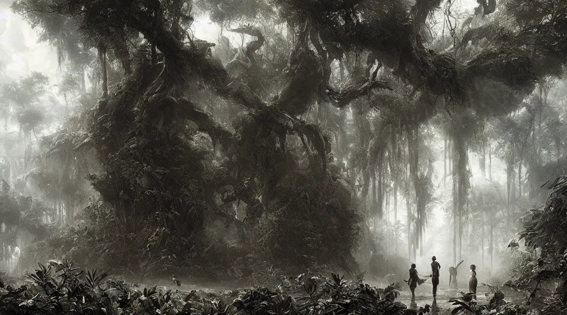 Image similar to dangerous jungle with huge leaves. edward gorey, andreas achenbach, artgerm, mikko lagerstedt, zack snyder, tokujin yoshioka