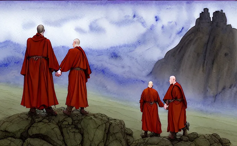 Image similar to a hyperrealist watercolour character concept art portrait of small grey medieval monks holding their hands in the air. a giant flat rock floats in the air above him. it is a misty night on the moors of ireland. by rebecca guay, michael kaluta, charles vess and jean moebius giraud