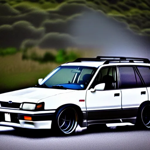 Image similar to 1990s subaru forester drift at illegal car meet, Chiba prefecture, city midnight mist lights, cinematic lighting, photorealistic, highly detailed wheels