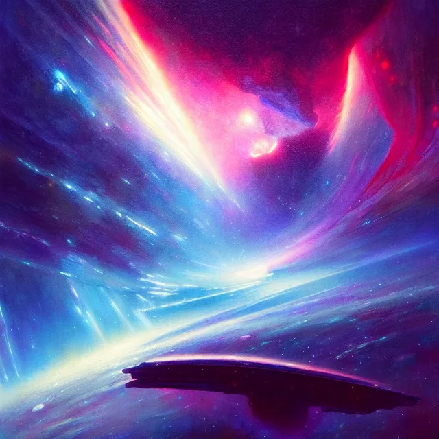 Prompt: a beautiful painting of a spaceship in the nebula by john harris and tatsushi morimoto and pascal blanche and greg rutkowski and paul lehr. in style of oil on canvas art. ultra realistic, hyper detailed. interstellar. 4 k texture. deep sky photography. octane render. trending on artstation
