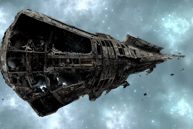 Prompt: matte painting of a destroyed spaceship wreck floating alone in the black deep space and losing parts