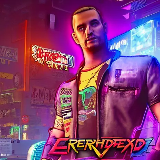 Image similar to stoned pizza dude Cyberpunk 2077. CP2077. 3840 x 2160