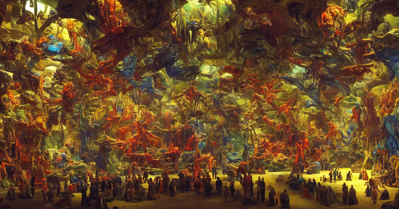 Prompt: Colorful photograph of detail interior of futuristic alien museum, full of thousands of exhibits from different places of our universe, incerdible sharp detail, back light contrast, dramatic atmosphere, bright vivid colours, painted by Asher Brown Durand , Gustave Dore, George Inness,