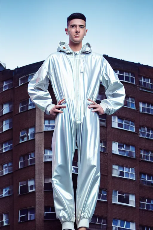 Image similar to un ultra high definition studio quality photographic art portrait of a young man standing on the rooftop of a british apartment building wearing soft baggy inflatable padded iridescent pearlescent jumpsuit. three point light. extremely detailed. golden ratio, ray tracing, volumetric light, shallow depth of field. set dressed.