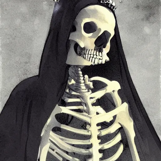 Prompt: close up portrait of a scandinavian female skeleton with a veil and crown, satanic kvlt by peder balke by peder balke by greg rutkowski, by guido crepax by norman bluhm mystic high contrast monochromatic noir angst pagan magic symbols