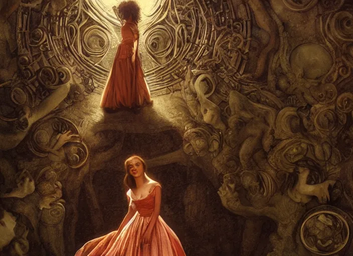 Image similar to jim henson's labyrinth. young jennifer connelly in a ballgown, is trapped in a dark shadowed oubliette made of stone. by edgar maxence and caravaggio and michael whelan and delacroix style, artistic, intricate painting, cinematic lighting, hyper realistic, extremely detailed, vivid colors, establishing shot, dramatic lighting