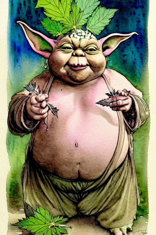 Image similar to a realistic and atmospheric watercolour fantasy character concept art portrait of a fat yoda with pink eyes smiling and holding a blunt with a pot leaf nearby, by rebecca guay, michael kaluta, charles vess and jean moebius giraud