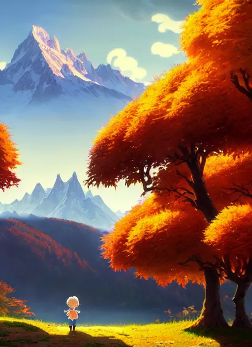 Image similar to a wholesome animation key shot, castle in the middle, swiss alps in the background, autumn foliage in the foreground, studio ghibli, pixar and disney animation, sharp, rendered in unreal engine 5, anime key art by greg rutkowski, bloom, dramatic lighting