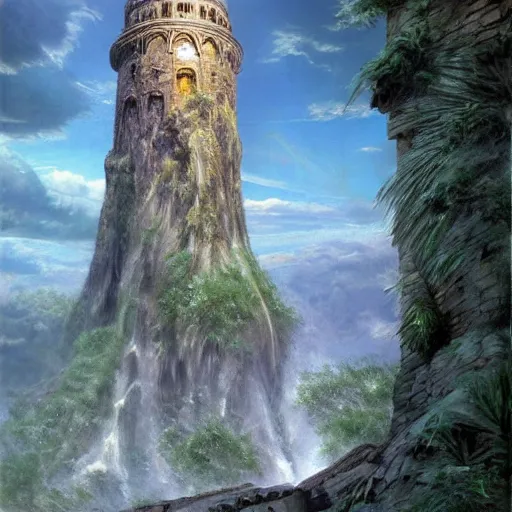 Prompt: Tower surrounded by a spiral staircase. Tower standing at the edge of a huge waterfall. Giant crystal on top of the tower. Detailed gorgeous art, trending on ArtStation by Ted Nasmith.