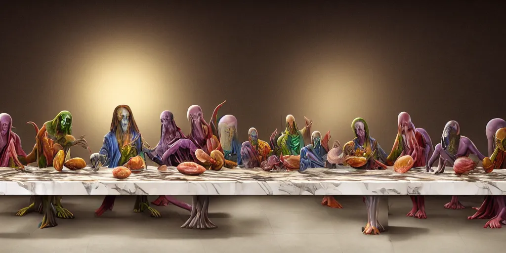 Prompt: !13 diverse aliens enjoying a rich salad around a marble table, !positioned as !last_supper cinematic lighting, crystal, liquid, surreal, floating, highly detalied, 4k, artstation, by Wayne Barlowe