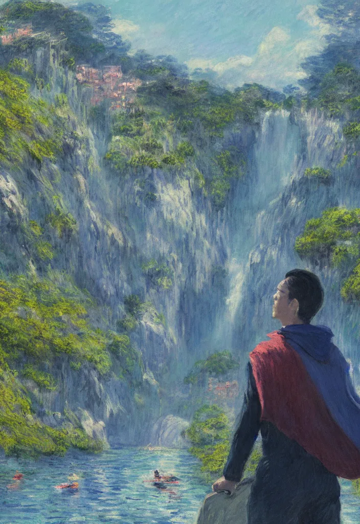 Image similar to tiny businessman wearing a cape in front of a japanese city in the mountain surrounded by waterfall. cyberpunk, boats flying. beautiful blue sky. gorgeous epic nature, lofi, vivid colors, amazing light, by jeremy lipkin, by claude monet, heavily inspired by makoto shinkai, inspired by ghibli, masterpiece, multiple brush strokes, impressionist style