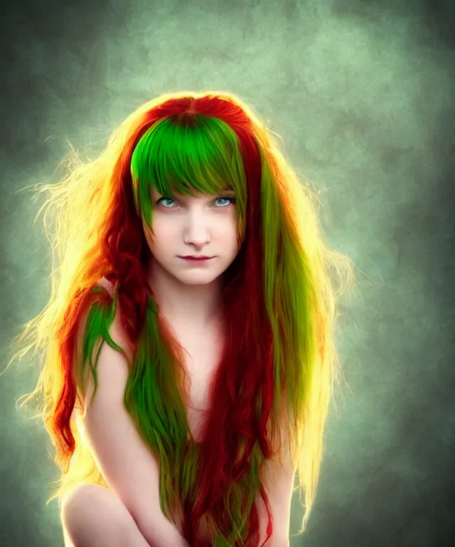 Image similar to Fae teenage girl, portrait, face, long red hair, green highlights, fantasy