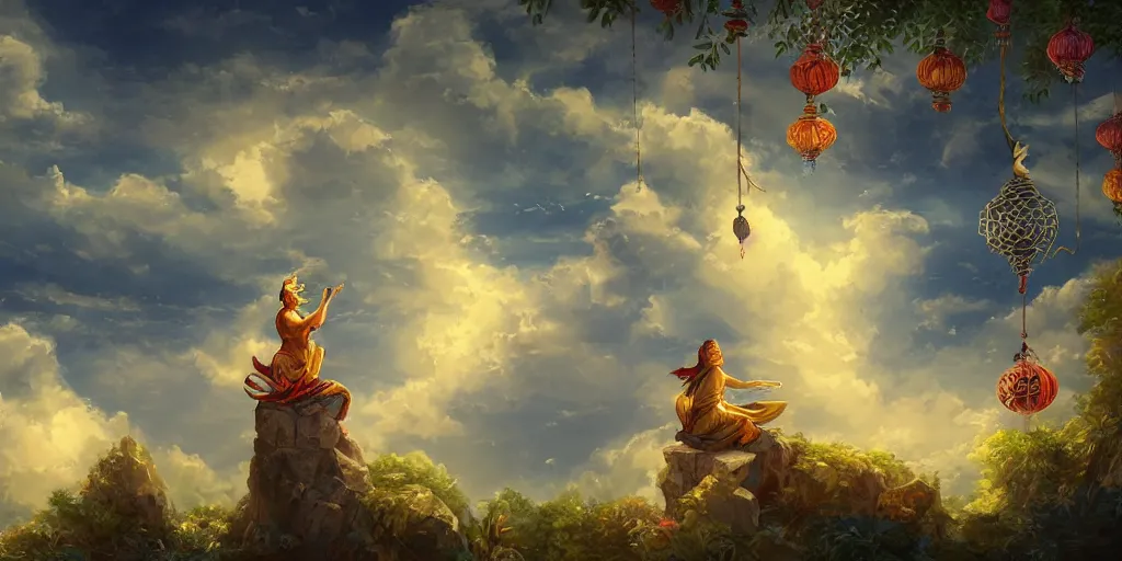 Image similar to painting of wind god enjoying the view from his heavenly palace, decorated with windchimes and paper lanterns, nature and clouds in background, digital art, artstation