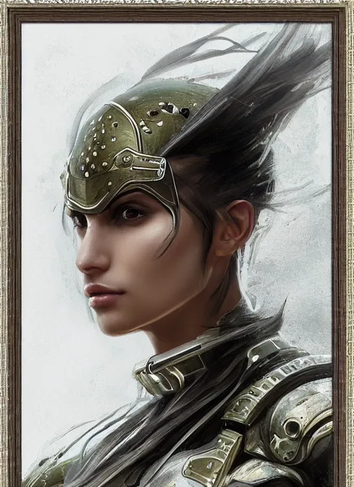 Prompt: a professionally painting of an attractive young female, partially wrapped in battle armor, olive skin, long dark hair, beautiful bone structure, perfectly proportioned, symmetrical facial features, intricate, elegant, heroic pose, digital painting, concept art, smooth, sharp focus, finely detailed, beautifully framed, from Metal Gear, in the mixed styles of Ruan Jia and Mandy Jurgens and Artgerm and William-Adolphe Bouguerea