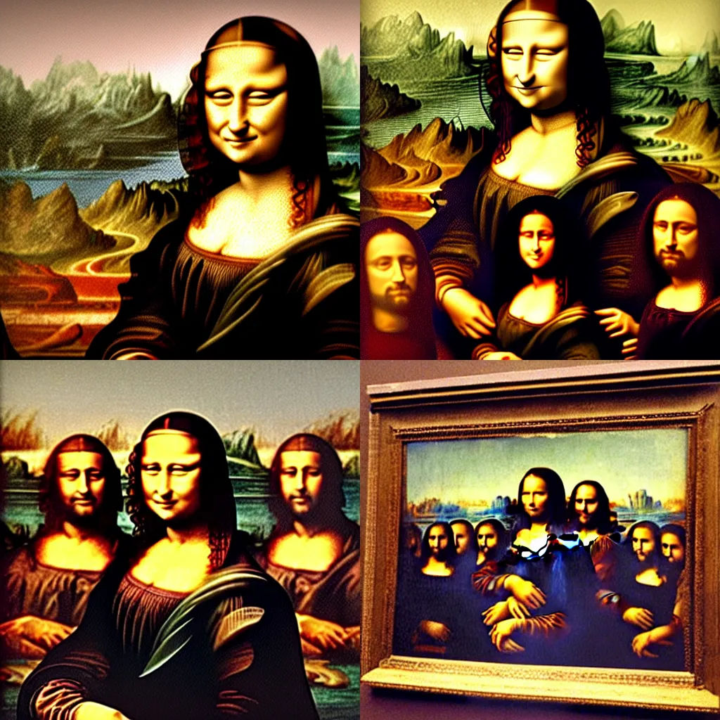 Prompt: the mona lisa taking a selfie with her friends, Leonardo Da Vinci style, painting