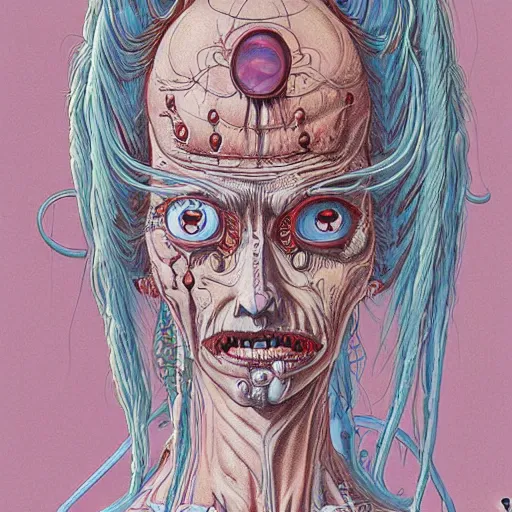 Image similar to original jean giraud digital art painting, pastel goth aesthetic, kawaii creepy, highly detailed, perfect proportions, highly intricate