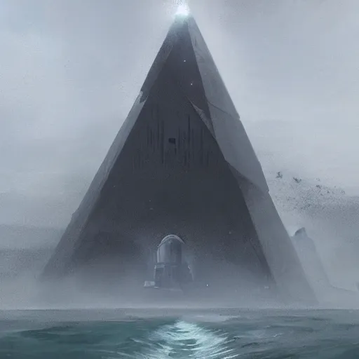 Image similar to star wars concept art by greg rutkowski, a palatial and imposing grey tall triangular pyramid tech tower emerging from the sea in the middle of a ocean landscape, enigmatic atmosphere, beautiful and cinematic lighting, artstation hq.