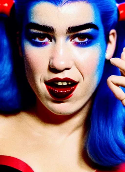 Image similar to a film still of dua lipa as harley quinn from a year nineteen - seventy - two italian giallo film about furbys.