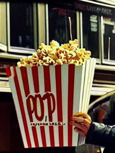 Image similar to “ iggy pop is selling popcorn at the popcorn booth in the street, movie screenshot, cinematic, epic, dramatic ”