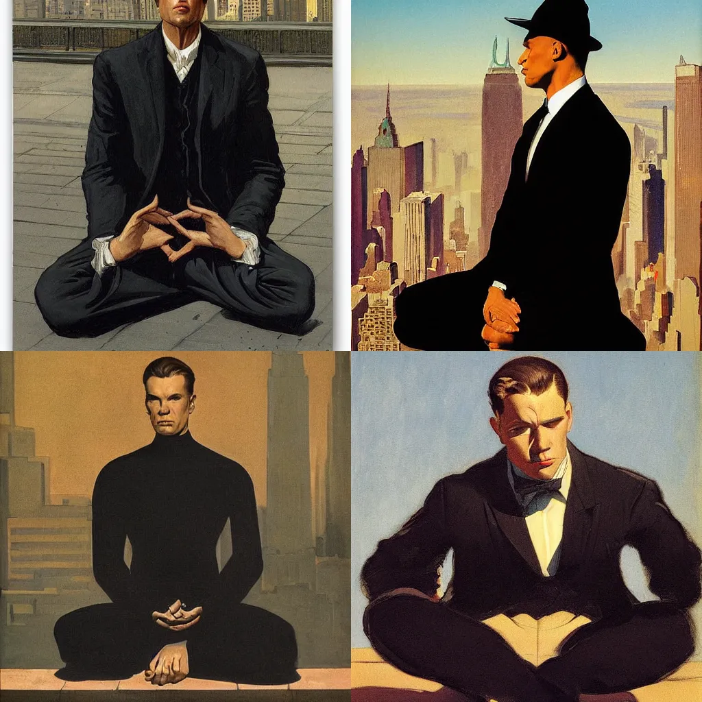 Prompt: man in black in meditation pose in new york city, city view, by leyendecker