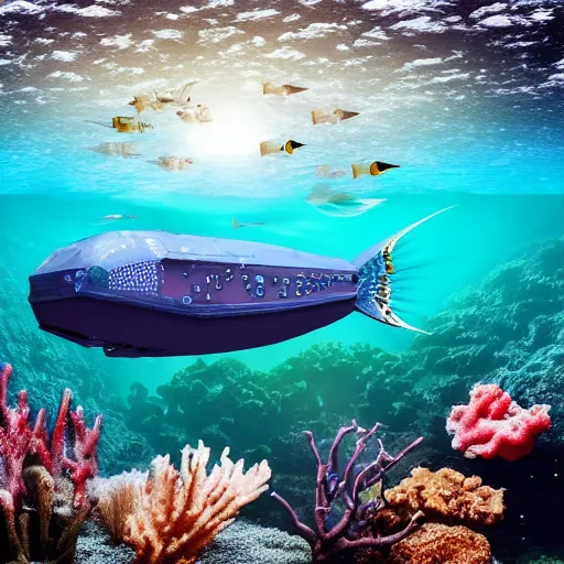 Image similar to a spaceship in water surrounded by fish and coral reef