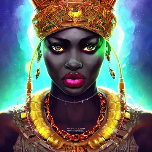 Image similar to a dark and ominous african queen with glowing eyes and a golden crown with a ruby and an emerald in her forehead, Apex Legends character digital illustration portrait design, by android jones and greg rutkowski in a cyberpunk voodoo style, detailed, cinematic lighting, wide angle action dynamic portrait