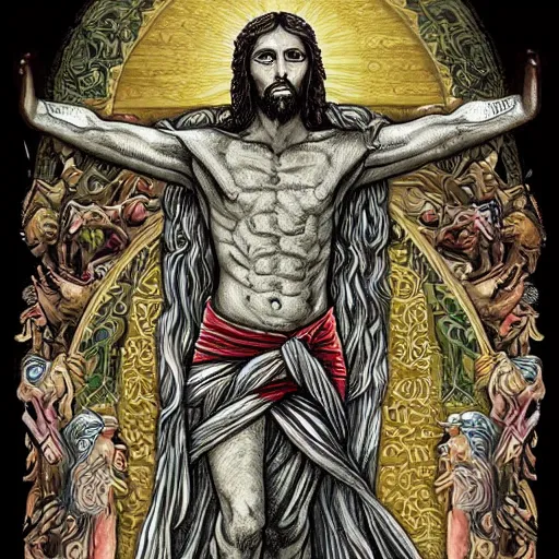 Prompt: blooded jesus christ on mayheim crosses with taliban. symmetrical anatomy, very intricate, digital design, perfect details, pop punk art style, colorful, accompanied by body, pure image without duplication, dribble popular, trending on arstation, drawn by ilya kuvshinov and vinicius gud and gustavo zambelli, intricate, ultra high definition.