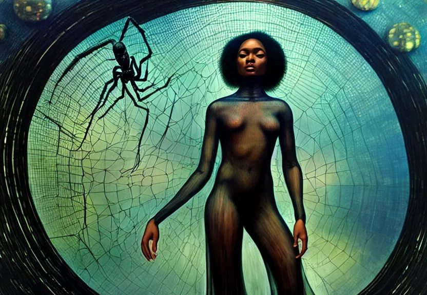 Image similar to realistic detailed portrait movie shot of a beautiful black woman in a transparent sheer suit raincoat dancing with a giant spider, futuristic sci fi landscape background by denis villeneuve, jean delville, monia merlo, ernst haeckel, alphonse mucha, max ernst, caravaggio, roger dean, sci fi necklace, masterpiece, dreamy, rich moody colours