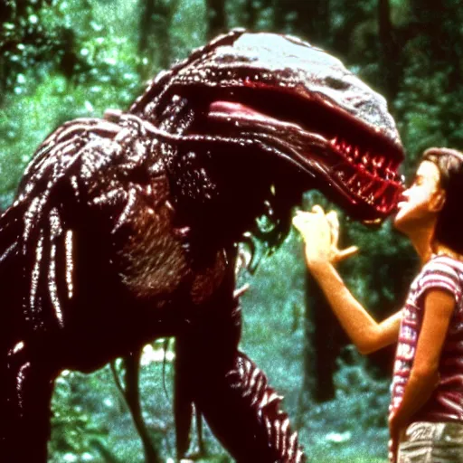 Prompt: movie still from forest gump with yautja predator monster