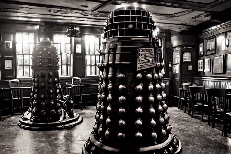 Image similar to photograph of a dalek in a traditional london pub, highly detailed, dramatic lighting, intense shadows, rich deep colours
