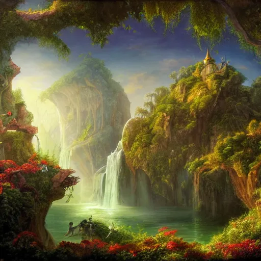 Image similar to realistic detailed view of neverland by terance james bond, russell chatham, greg olsen, thomas cole, james e reynolds, photorealistic, fairytale, art nouveau, illustration, concept design, storybook layout, story board format