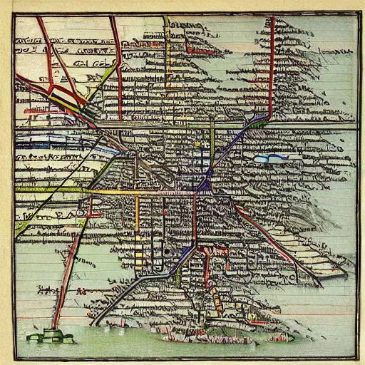 Image similar to map of the new york subway system, woodcut by albrecht durer 1 5 0 9