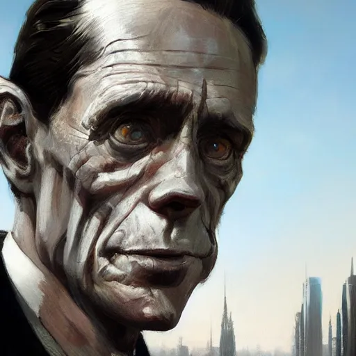 Image similar to closeup portrait of william dafoe, 1 9 2 0 s, city background, dramatic light, gorgeous view, depth, high detail, digital art, painted by greg rutkowski and seb mckinnon, neuromancer, trending on artstation