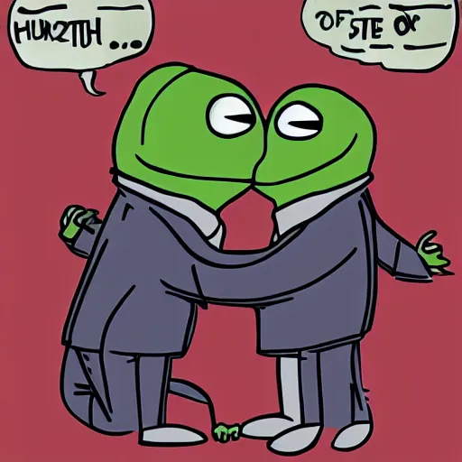 Image similar to super rich pepe hugging each other