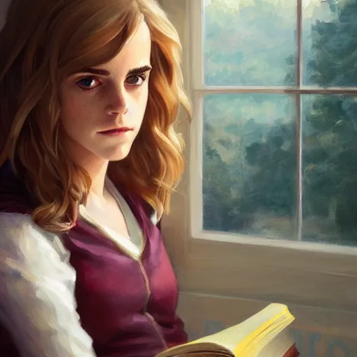 Prompt: portrait of Emma Watson as Hermione Granger sitting next to a window reading a book, focused expression, golden hour, art by Kenne Gregoire and Krenz Cushart, trending on artstation