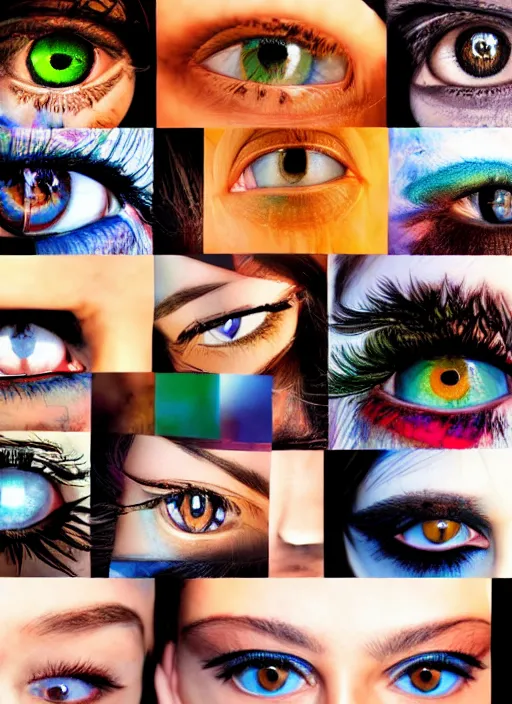 Image similar to grid montage of eyes, stunning detailed colored textures, eyelashes, advanced art, art styles mix, from wikipedia, wet reflections in eyes, sunshine light, hd macro photograph, from side, various eyelid positions, spherical black pupil centered