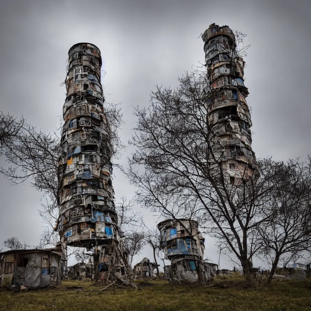 Image similar to a circular tower, made up of makeshift squatter shacks, dystopia, sony a 7 r 3, f 1 1, fully frontal view, photographed by jeanette hagglund