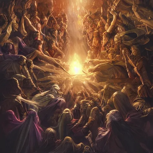 Image similar to Beautiful image of thousands sorcerers fighting with each other , dramatic lighting, dramatic shadows, thunders, magic, fire, power, face painting, dramatic lighting, intricate, wild, highly detailed, digital painting, artstation, concept art, smooth, sharp focus, illustration, art by artgerm and greg rutkowski and alphonse mucha, footage from space camera