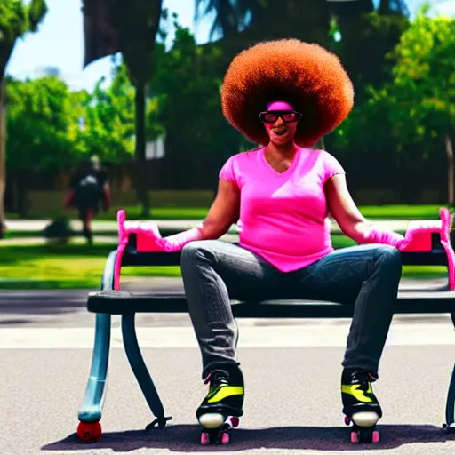 Prompt: A woman with an afro sitting on a park bench putting on roller skates in the style of GTA V 4K