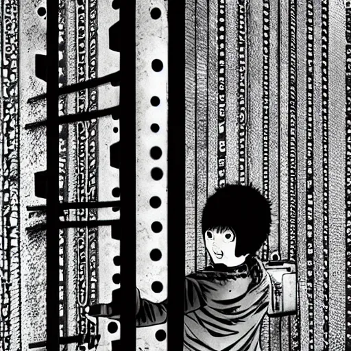 Image similar to close-up scene neighbor holding a drill and drilling holes in a room, all wall is drilled with holes, manga, black and white manga horror in style of junji ito, kentaro miura