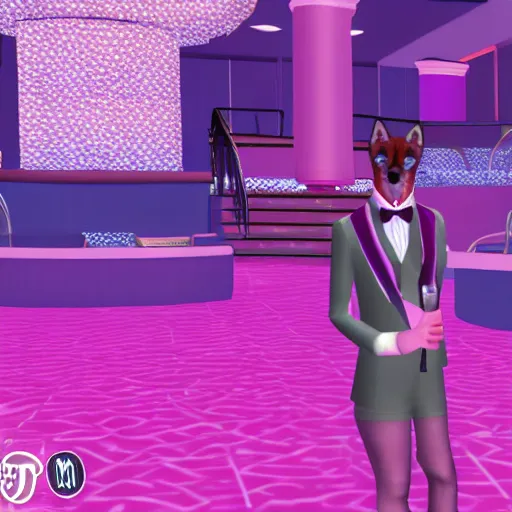 Image similar to Second Life screenshot of a fox in a sparkly pink tuxedo in a GYC night club