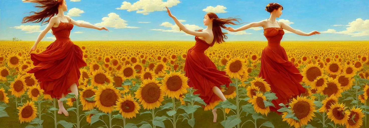 Prompt: beautiful young girl dancing in a fiery dress in a beautiful field of sunflowers and lilies, like leonardo da vinci sketches! in the style of studio ghibli, j. c. leyendecker, greg rutkowski, artgerm